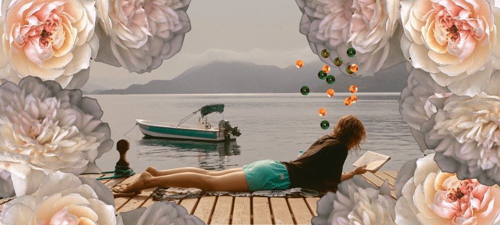A woman sitting on a dock with collage elements