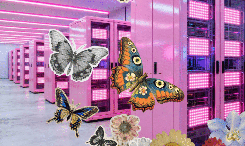 A photorealistic pink server farm with flowers and butterflies collaged over top