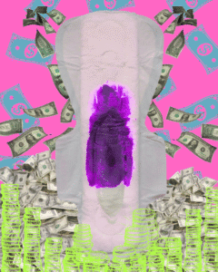 A period pad in a hyper neon collage of money.