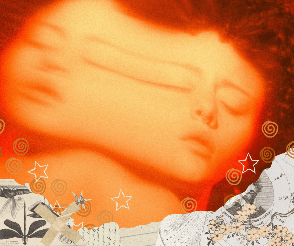 A blurred image of a human face with collage around the edges.